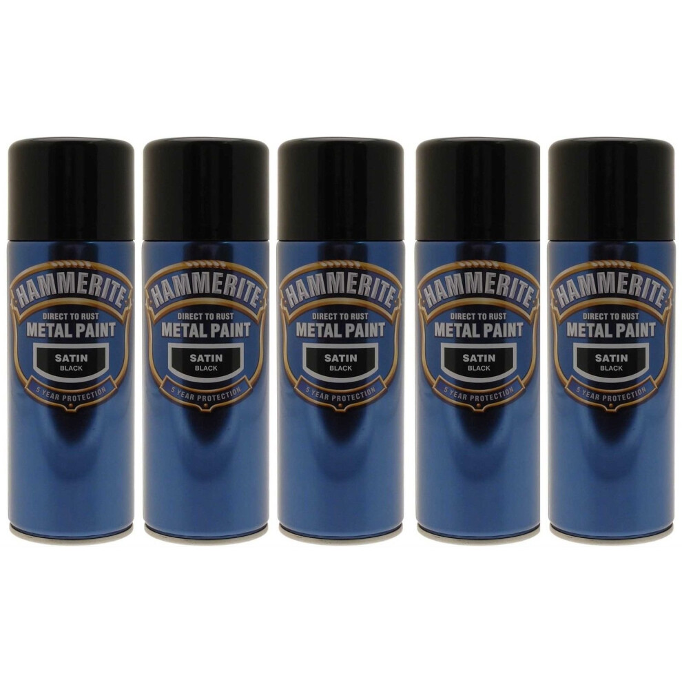 5x Hammerite Satin Black Metal Spray Paint 400ml Aerosol Tins x5