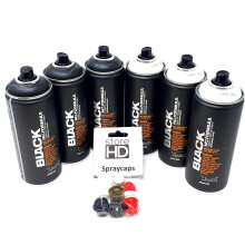 Montana Black & White Spray Cans Set, 3 x Black + 3 x White + 10 Replacement Spray Heads - 6 x 400 ml