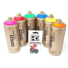 Montana Gold Spray Cans Set, 6 Neon Colours + 10 Replacement Spray Heads - 6 x 400 ml