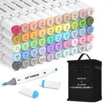 Shuttle Art Alcohol Markers Brush Tip, 50 Pastel Colours Dual Tip Art Pens Plus 1 Colourless Blender, Brush & Chisel Felt Tip Pens with Case for