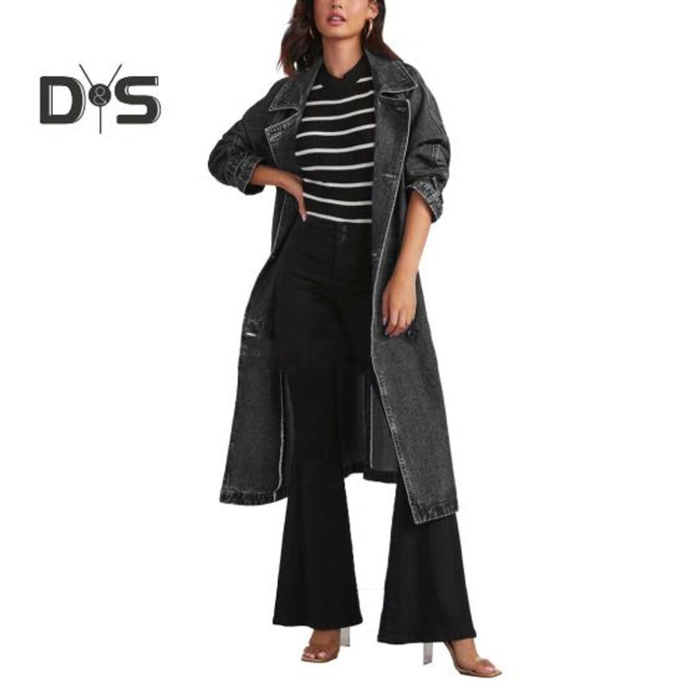 (black, XXL) Women Denim Jacket Double-breasted With Side Pockets Lace-up Tie Waist Mid Length Solid Color Turn-down Collar Overcoat Streetwear Outdoor Windbreaker