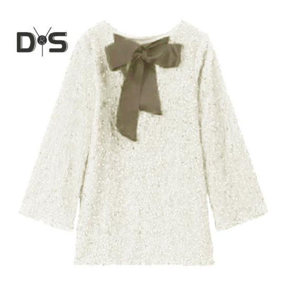(white, M) Women Sequin Dress Big Bow Decor Long Sleeves A-line Loose Pullover Aove Knee Length Cocktail Party Club Mini Dress