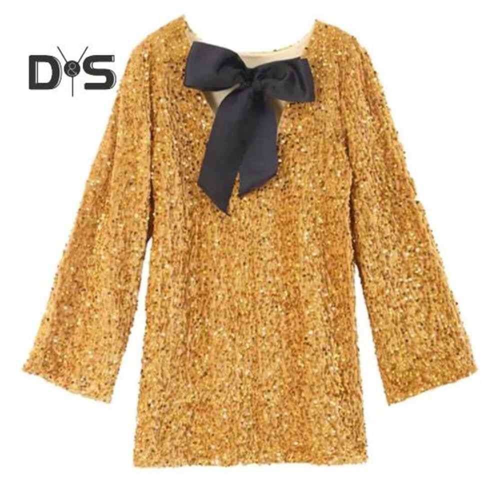 (golden, XL) Women Sequin Dress Big Bow Decor Long Sleeves A-line Loose Pullover Aove Knee Length Cocktail Party Club Mini Dress