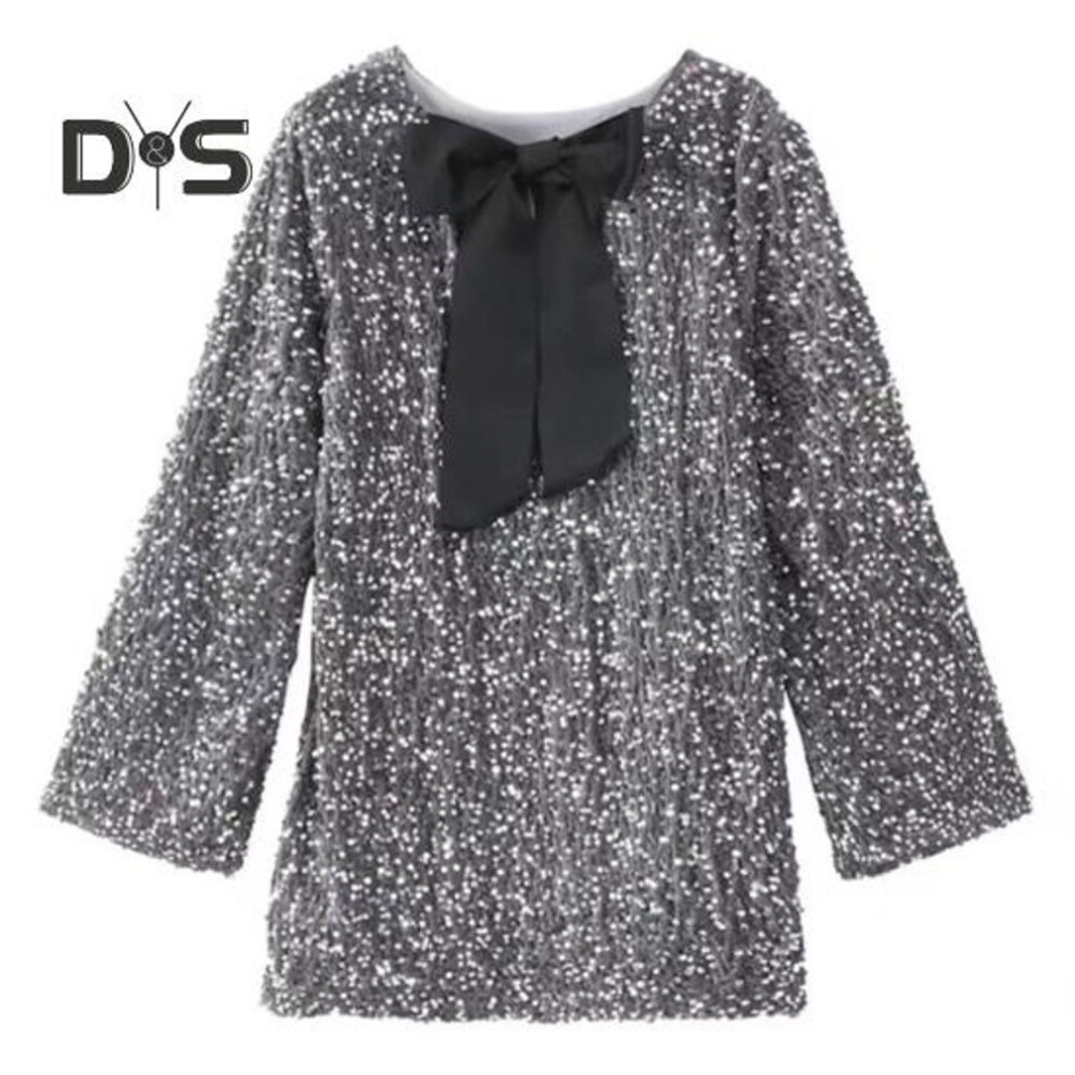 (grey, S) Women Sequin Dress Big Bow Decor Long Sleeves A-line Loose Pullover Aove Knee Length Cocktail Party Club Mini Dress