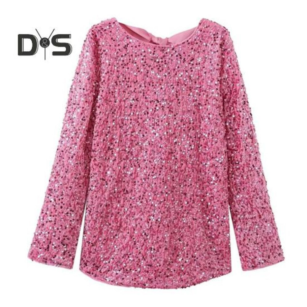(pink, XL) Women Sequin Dress Big Bow Decor Long Sleeves A-line Loose Pullover Aove Knee Length Cocktail Party Club Mini Dress