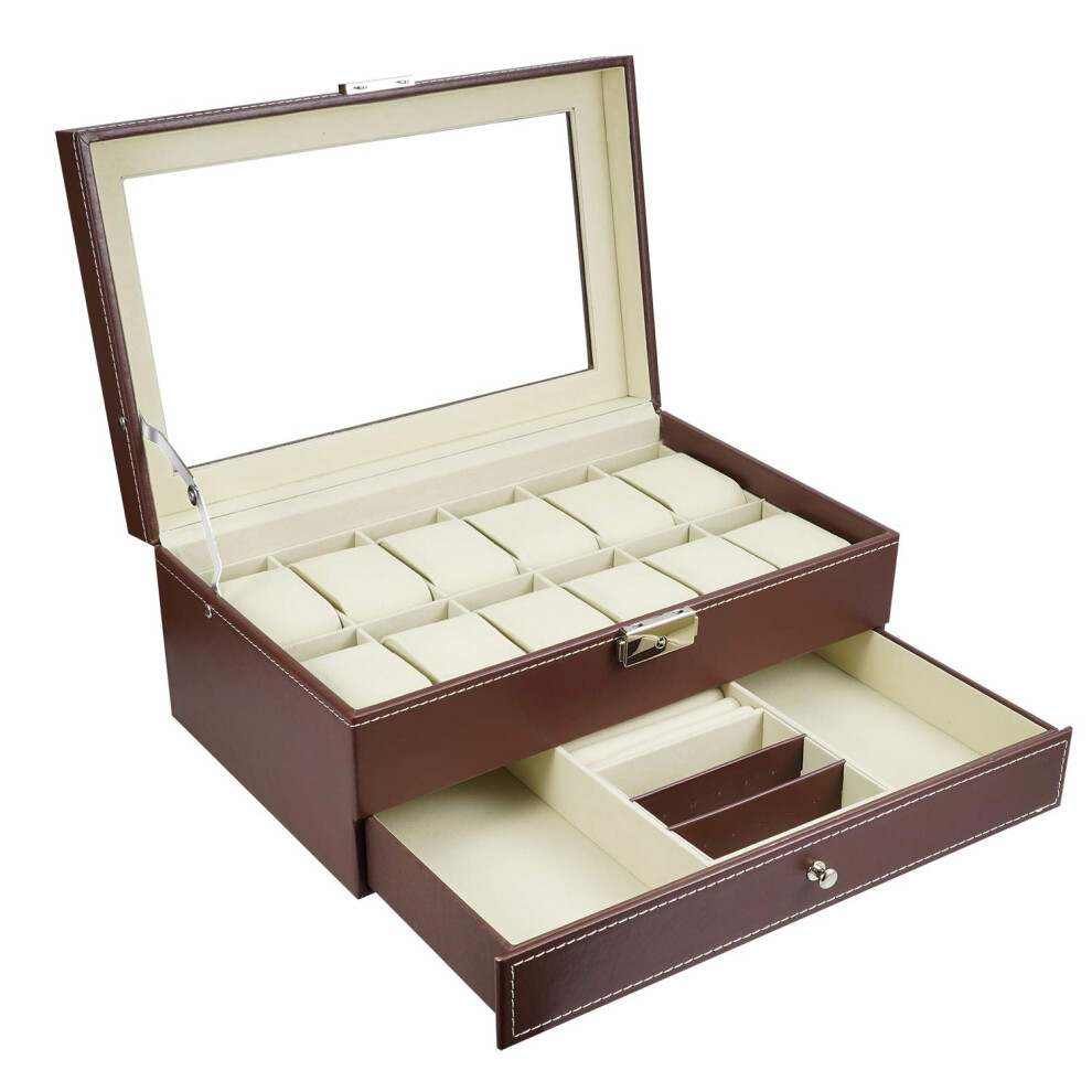 autumndeer Watch Box-12 Slots Mens Watch Organizer Faux Leather Jewelry Display Pillow Case, Jewelry Box Storage, Lockable Watch Case Bracelet Tray