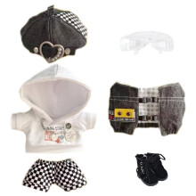 niannyyhouse 20 cm Plsch-Puppenkleidung, Schwarz-Wei-Nebel-Set, Baskenmtze, Kapuzenpullover, Hose, Brille, Weste, Schuhe, weiches Plschtier zum A