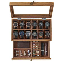SONGMICS 12-Slot 2-Tier Wood Watch Box with Large Glass Lid, Velvet Lining, Watch Pillows & Jewellery Box - Rustic Walnut JOW012K01