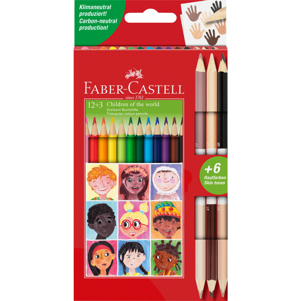 Faber-Castell Triangular Colour Pencil Set - 12 Colours + 3 Bi-Colour Skintone Pencils