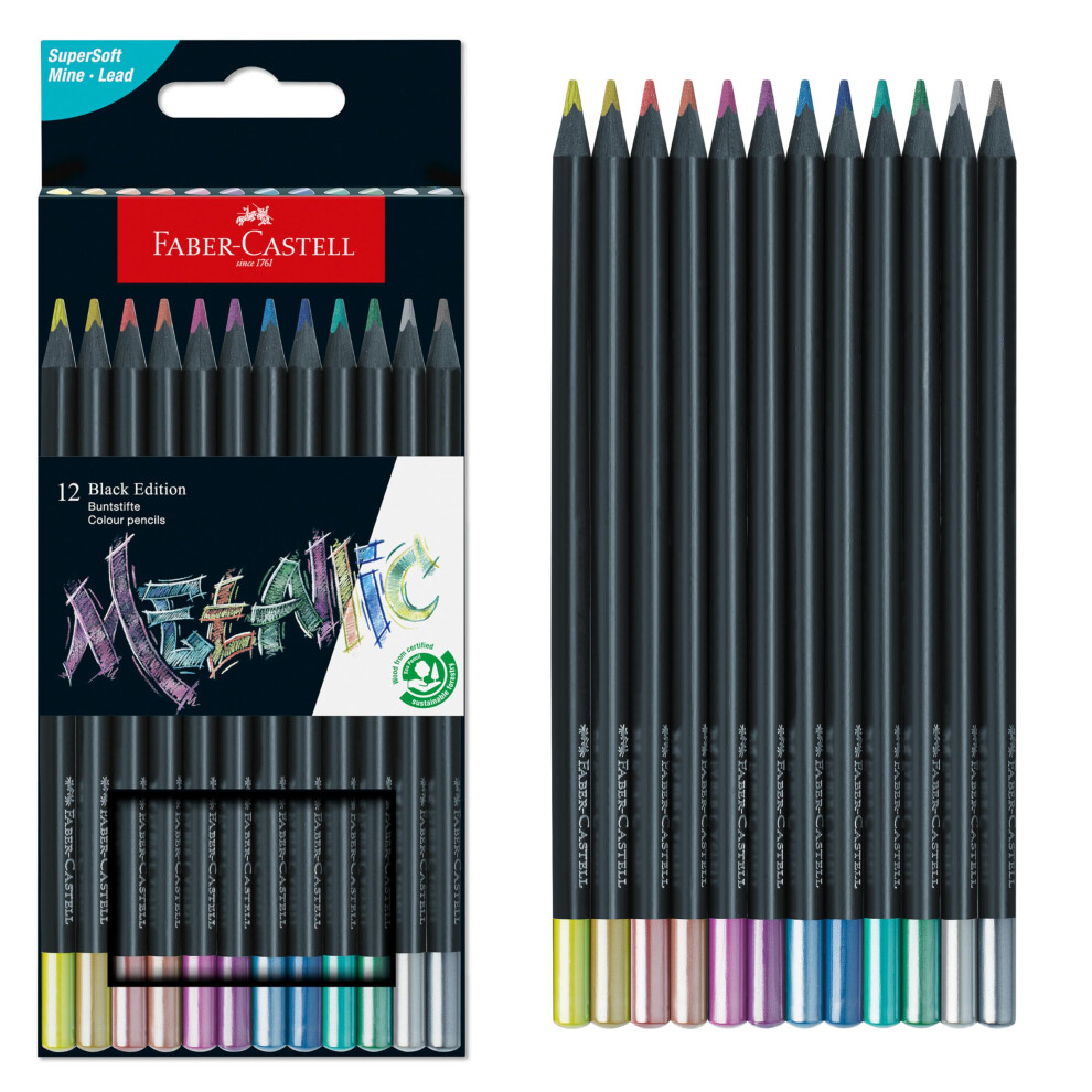Faber-Castell Black Edition Metallic Colored Pencils: 12 Count, Black Wood and Super Soft Core Lead Colored Pencil Set, Metallic Colored Pencils,
