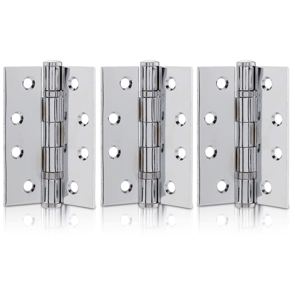4 Inch (100Mm) Polished Chrome Ball Bearing Hinges, Steel Door Hinge For Wooden Doors (1.5 Pairs) 5060568907291