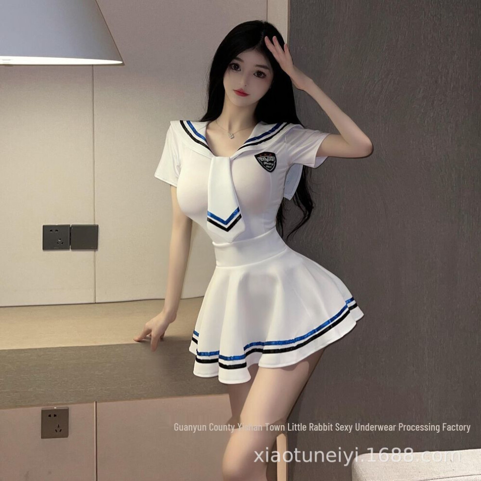 (white, M) Japanese Sailor Style Erotic Lingerie - Sexy College Uniform for Night Role Play & Live Performance