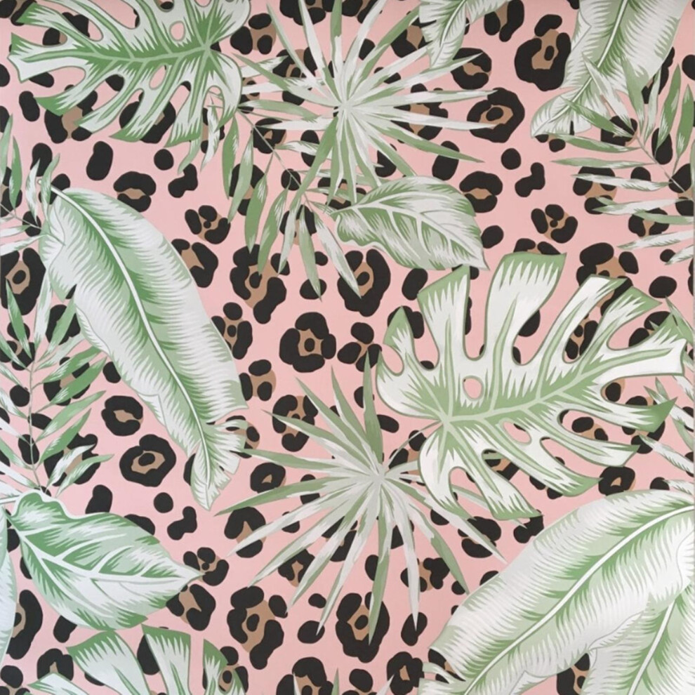 Deco Print (Full Roll) Tropical Leaf And Leopard Print Wallpaper With Metallic Shimmer Pink/Gold