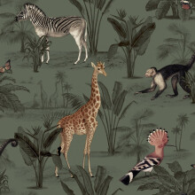 (Sample) Green Tropical Wallpaper with Safari Monkeys, Zebras, and Giraffe