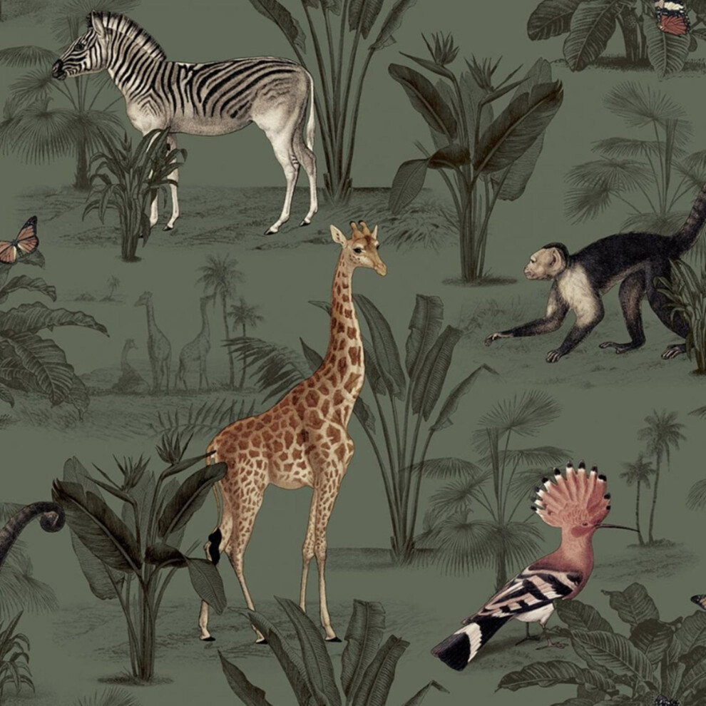 (Sample) Green Tropical Wallpaper With Safari Monkeys, Zebras, And Giraffe 5061083261523