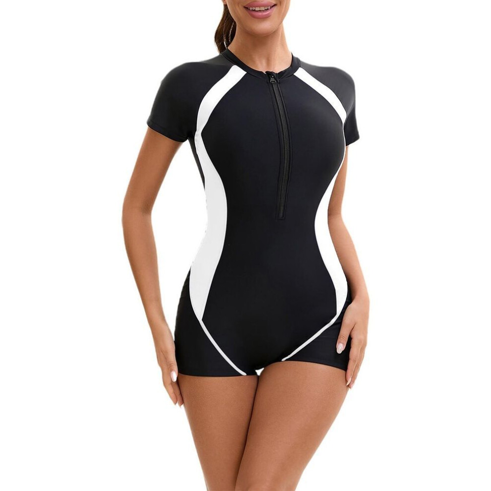 (XXXL, white) Women's Short-sleeved Zipper Flat Corner One-piece Swimsuit Women's Three-point Pant With Breast Cushion Swimsuit