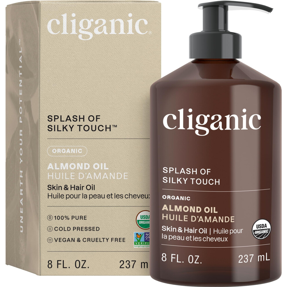 Cliganic Organic Sweet Almond Oil, 100% Pure (8Oz) - For Skin & Hair, Nourishing Carrier Oil For Face & Body