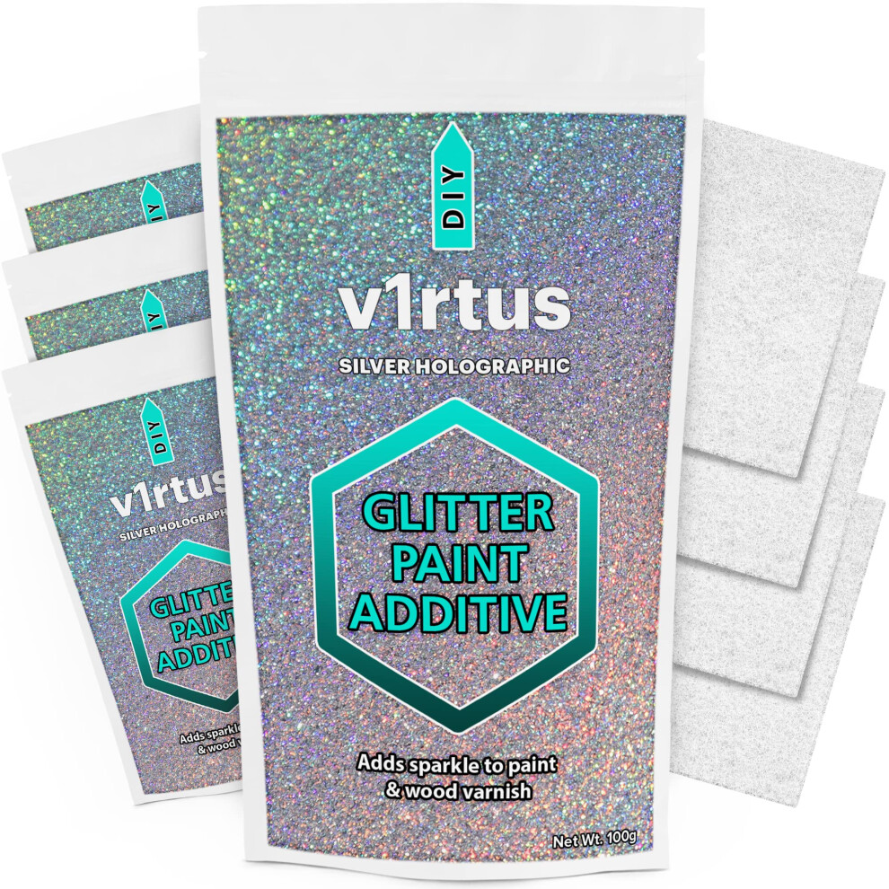 Silver Holographic Glitter Paint Additive [400G] With 4X Finishing Buffing Pads For Painting Glitter Walls - Add To Emulsion Paint, Interior Or 5056203756928