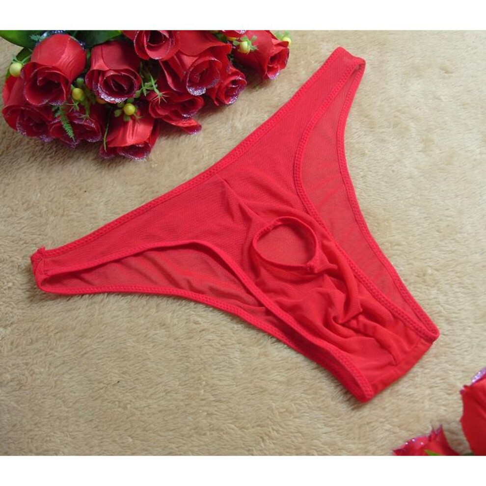 (One Size, red) Men's Sexy See-Through High Elastic Mesh Briefs/T-Back Underwear