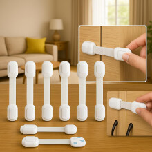 10-Pack Premium Child Safety Locks for Kitchen Cupboards & Drawers – No Drill Baby Proof Cabinet Locks with 3M Adhesive + 4 Extra Stickers for Easy