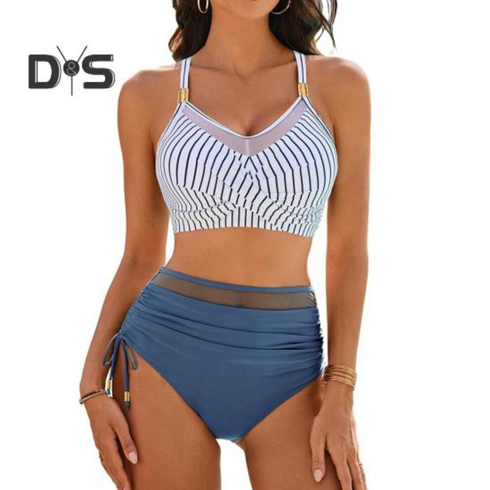 (L, white) 2pcs/set Women Summer Bikini Set V-neck Sling Bra High Waist Side Drawstring Swimming Trunks Set Pool Vacation Wear