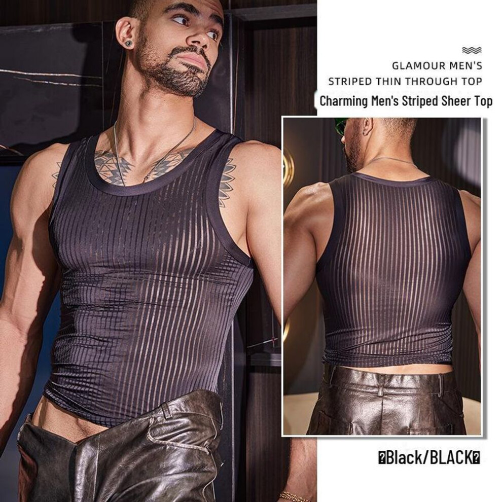 (One Size, black) Men's Cross-band Striped Vest: Thin, Transparent, Elastic, Skin-friendly Muscle Fit
