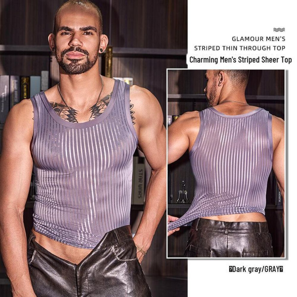 (One Size, dark gray) Men's Cross-Band Striped Vest: Thin, Transparent, Elastic, Skin-Friendly Muscle Fit