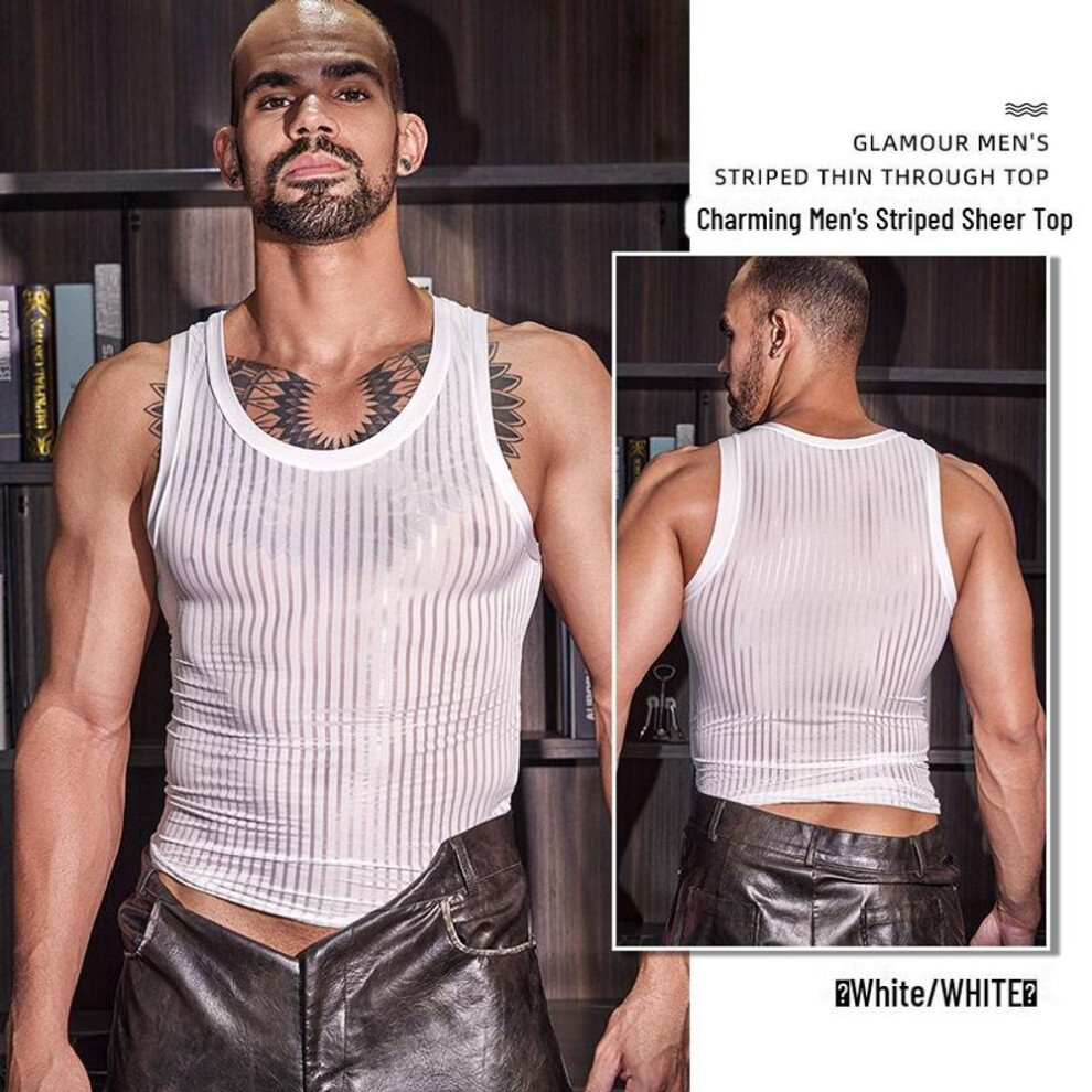 (One Size, white) Men's Cross-band Striped Vest: Thin, Transparent, Elastic, Skin-friendly Muscle Fit