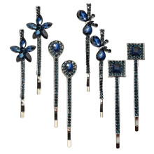 8 Pieces/4 Pairs Vintage Blue Rhinestone Hair Pins 2.4"""" Side Clips Sapphire Decorative Bobby Pins Navy Blue Hair Clip Wedding Flower Butterfly Hair