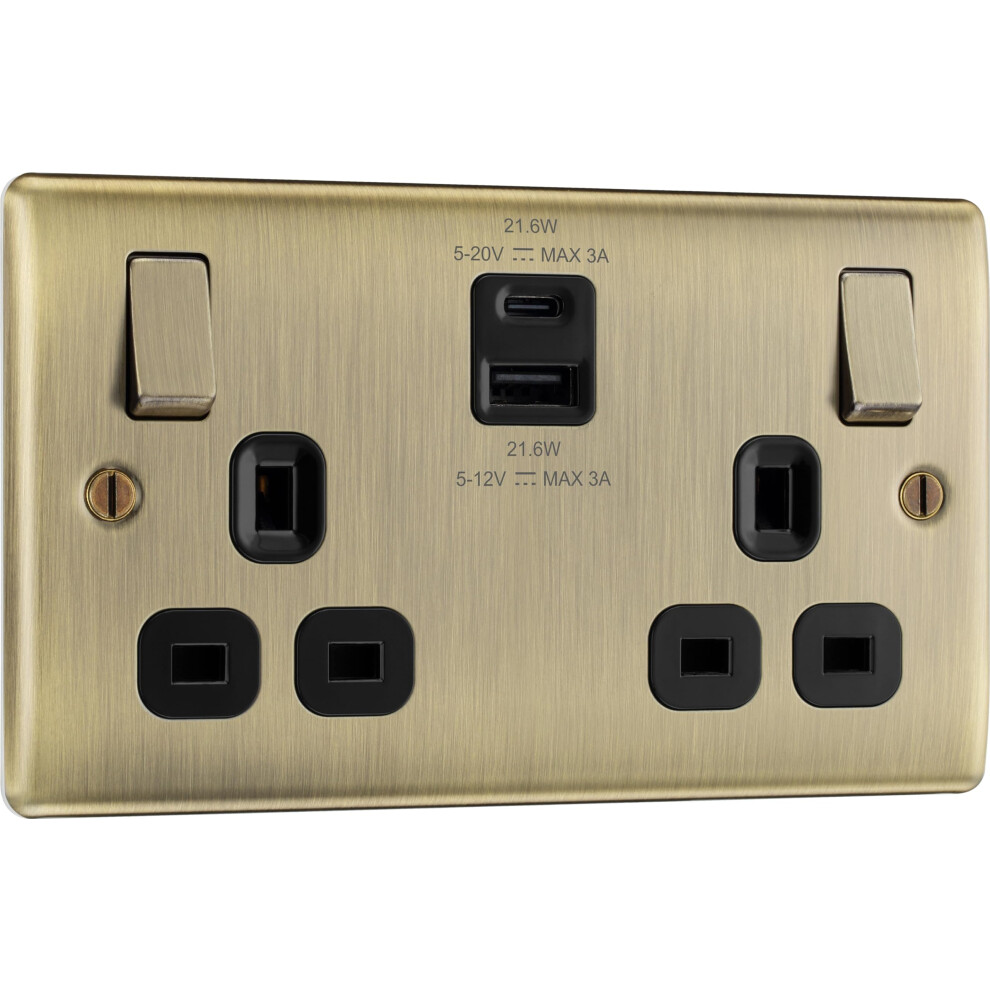 British General Bg Electrical Double Switched Wall Plug Socket With Fast Charge Usb A And Usb C Charging Ports, Nexus Metal, Antique Brass, 13A, 22W, Nab22uac22b