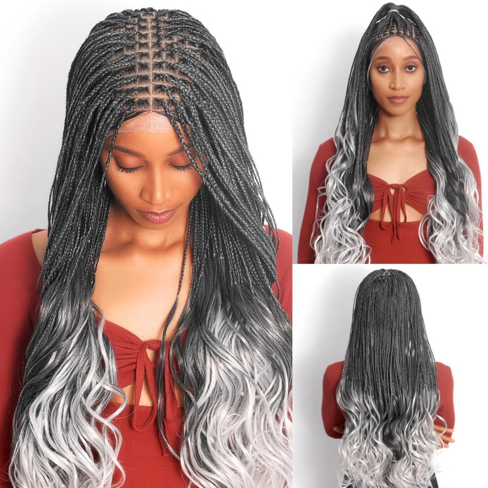 Wow Braids 28" Full 360 Hd Transparent Lace Front Knotless Braided French Curl Wig With Baby Hair And Curly Tips - Synthetic Hand-Made Box Braids Wig