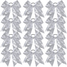 Jeffan 12 Stk Stora Silver Glittriga Cheer Bow Hårband - 8" Stora Hårrosetter för Cheerleading, 12 Pack