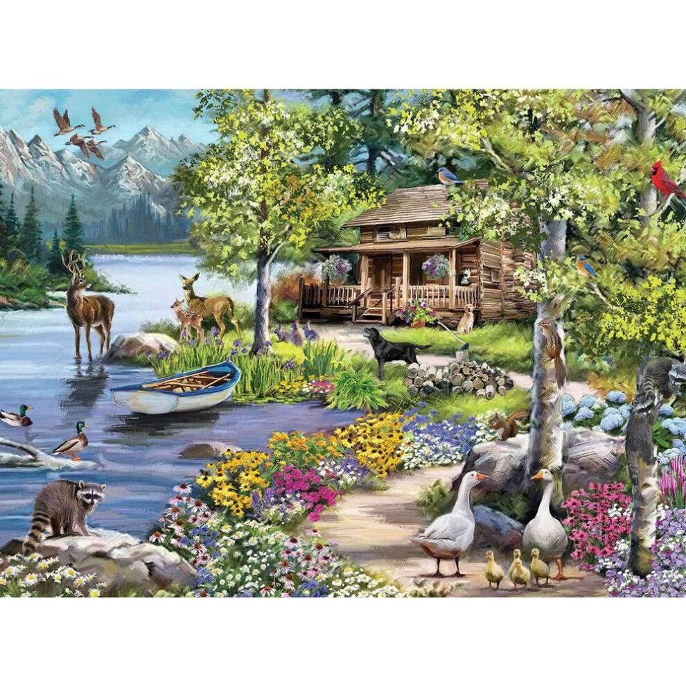 Bits And Pieces 300-Teiliges Puzzle Fr Erwachsene, 45,7 X 61 Cm Htte Am See 300-Teiliges Puzzle Mit Waldtieren Und Frhlingswald Vom Kns-image