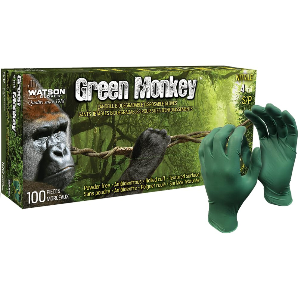 Green Monkey Watson Gloves 4 Mil Disposable Nitrile Glove - Landfill Biodegradable, Powder-Free, 100 Gloves/Box 065537861234