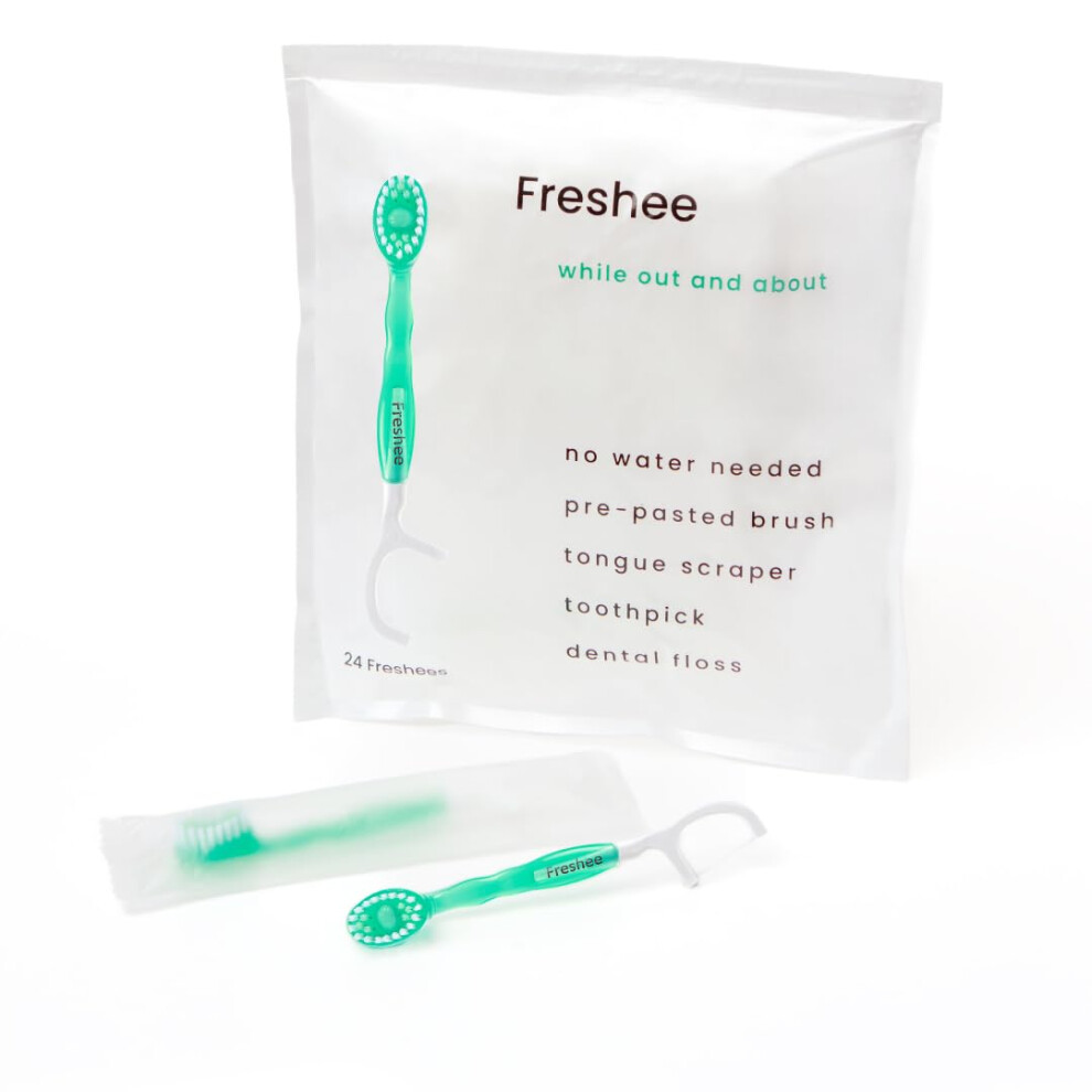 Freshee 5 In 1 Disposable Mini Toothbrush With Toothpaste + Floss + Pick + Tongue Scraper | Travel Size | Individually Wrapped | Soft | Mint | Travel