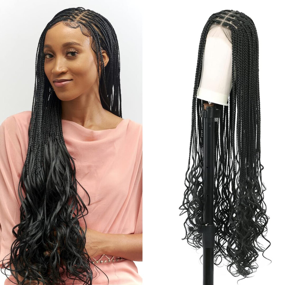 Wow Braids 28"" Full 360 Hd Transparent Lace Front Knotless Braided French Curl Wig With Baby Hair And Curly Tips - Synthetic Hand-Made Box Braids Wig