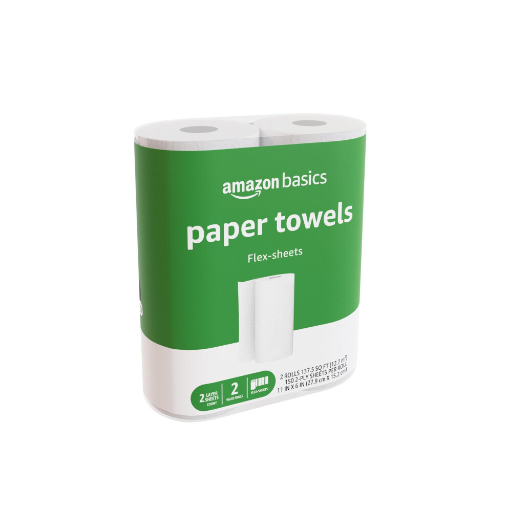 Amazon Basics 2-Ply Flex-Sheets Paper Towels  2 Basics Rolls = 5 Regular Rolls  Everyday Value with 150 Sheets per Roll