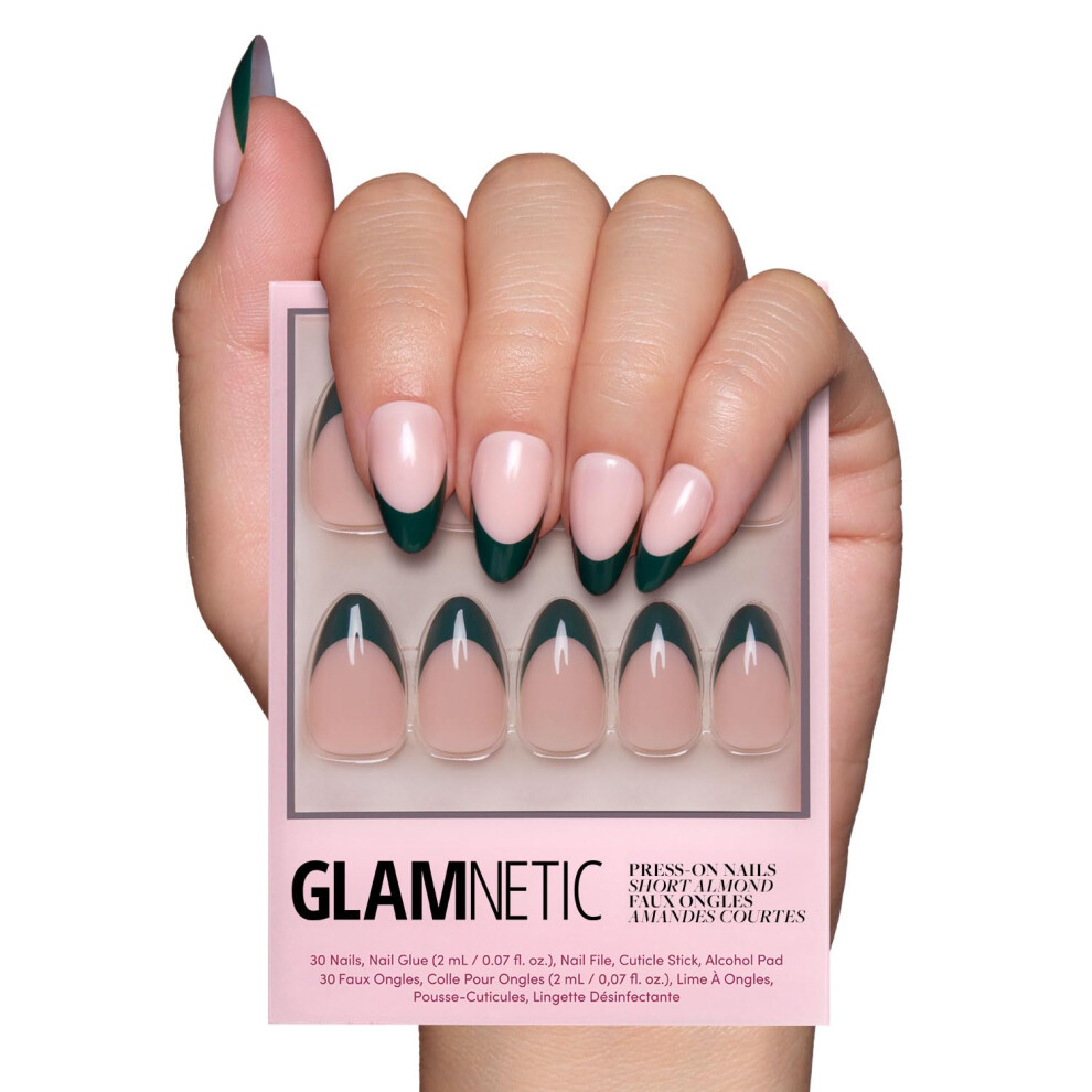 Glamnetisk Green Glamnetic Press On Nails - Chteau | Semi-Transparent Dark Forest French Tip Short Almond False Nails Reusable Stick On Fake Nails With Glue | S