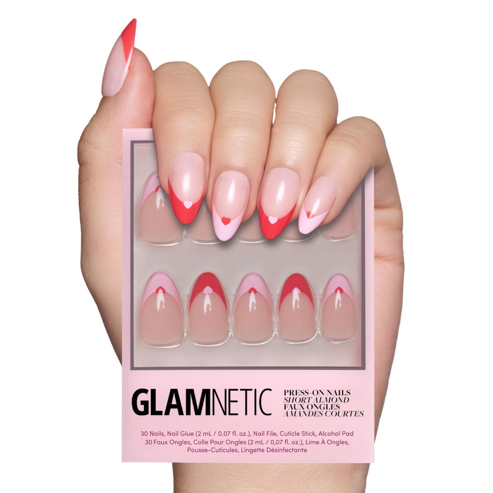 Glamnetisk Glamnetic Press On Nails - Pure Hearted | Short Almond Nails With Heart Accents Reusable Stick On Fake Nails With Glue | Love In Bloom Valentines Nai
