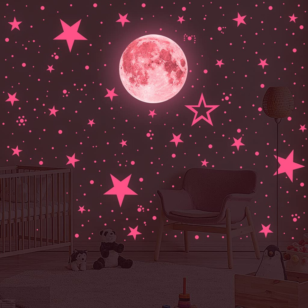 Funcsdik Glow In The Dark Stars And Moon Stickers For Ceiling Luminous Wall Decals Decor For Bedroom Living Room 407 Dots + 27 Stars + 30Cm Moon (Pink)