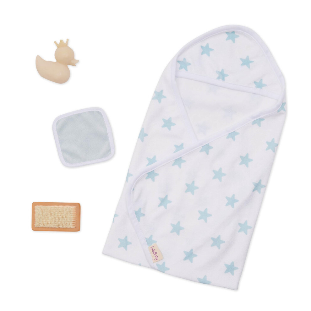 LullaBaby - Accessoires pour poupée bébé 35 cm - Serviette de bain à capuche motif étoiles bleues - Jouets de bain et canard rose - Jeu imaginati