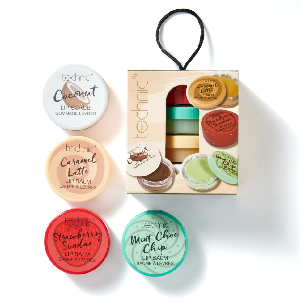 Technic Lip Balm & Scrub 4Pc Gift Set - 4 Flavours - Nourishing Coconut Sugar Scrub Lip Treatment & Softening Lip Balms - Vegan And Cruelty Free