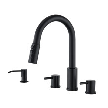 Tohlar 4 Hole Kitchen Faucet  Brushed Gold Kitchen Faucet with Soap Dispenser and Pull Down Sprayer 3 Modes Kitchen Sink Faucets  Stainless Steel High