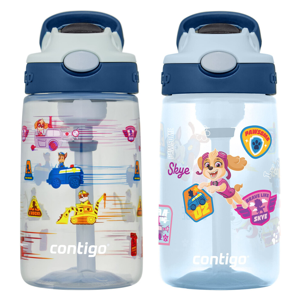 Contigo Paw Patrol Kids 14oz Plastic Water Bottles  Aubrey Design with Spill-Proof Lid  Silicone Straw  2-Pack  Convenient for Travel/Home/School Use