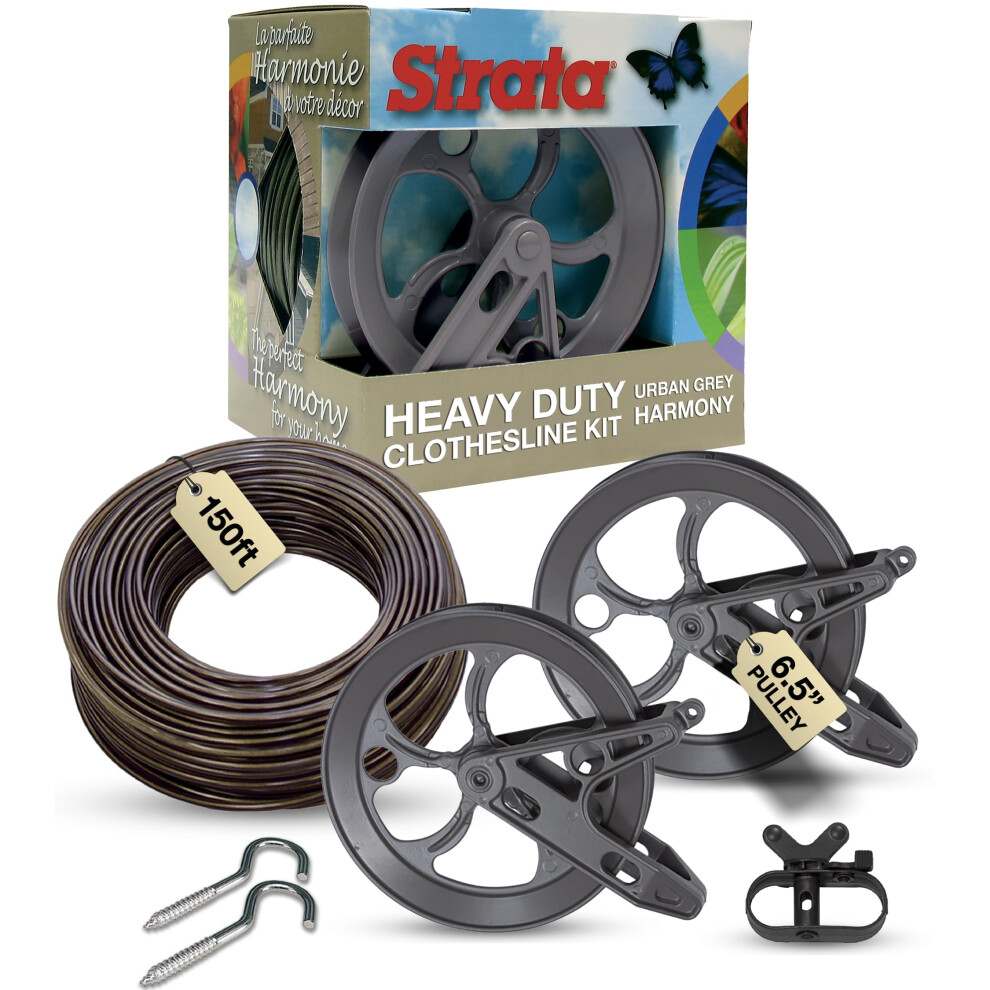 Strata Urban Grey Harmony Clothesline Outdoor Heavy Duty Kit - 150 Feet Galvanized Wire PVC Coating  6.5"" Clothesline Pulley 2pcs  Metal Mini Winch T