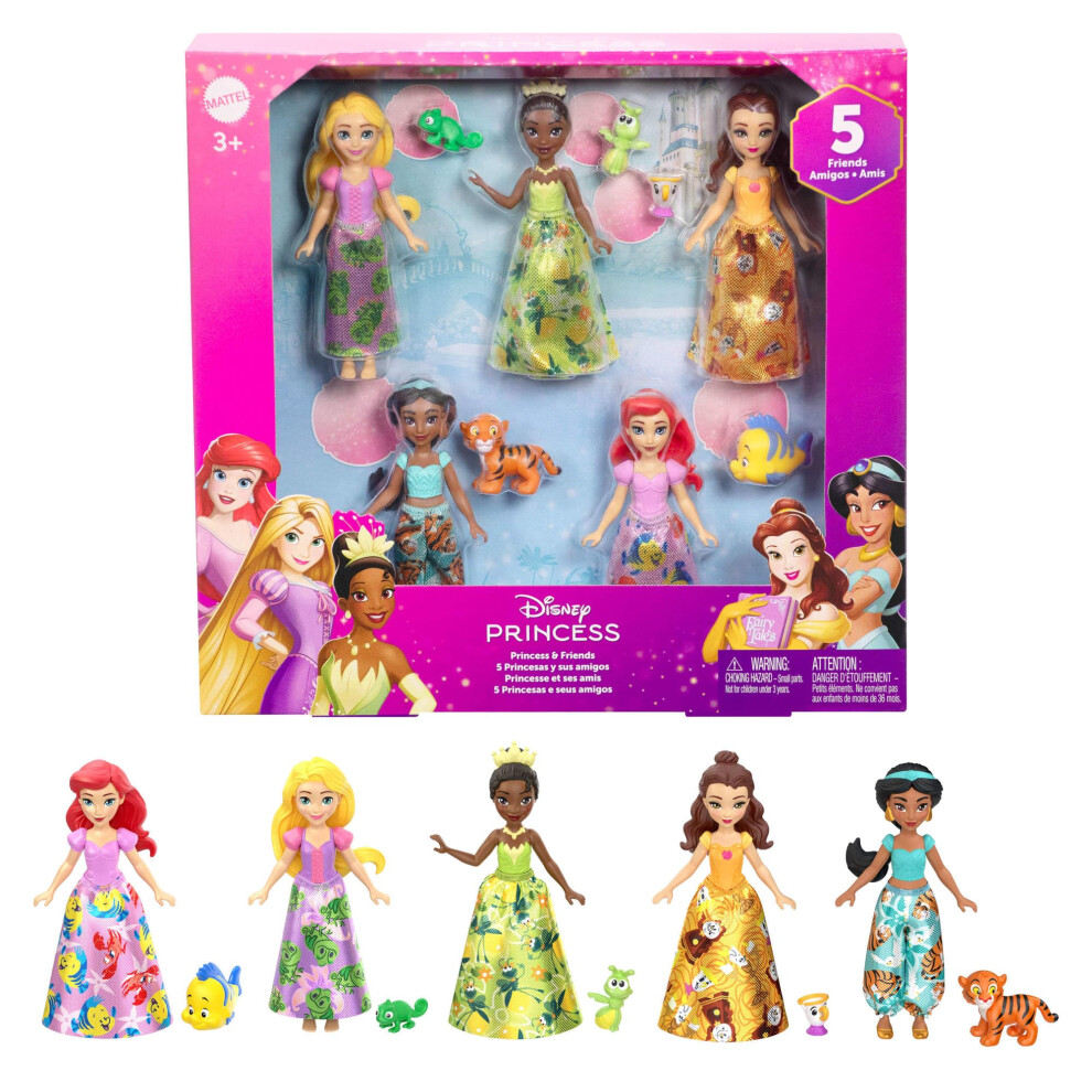 Disney Princess & Friends Set with 5 Posable Small Dolls in Removable Skirts or Pants & 5 Friend Figures, Inspired by the Disney Movies, JBL33