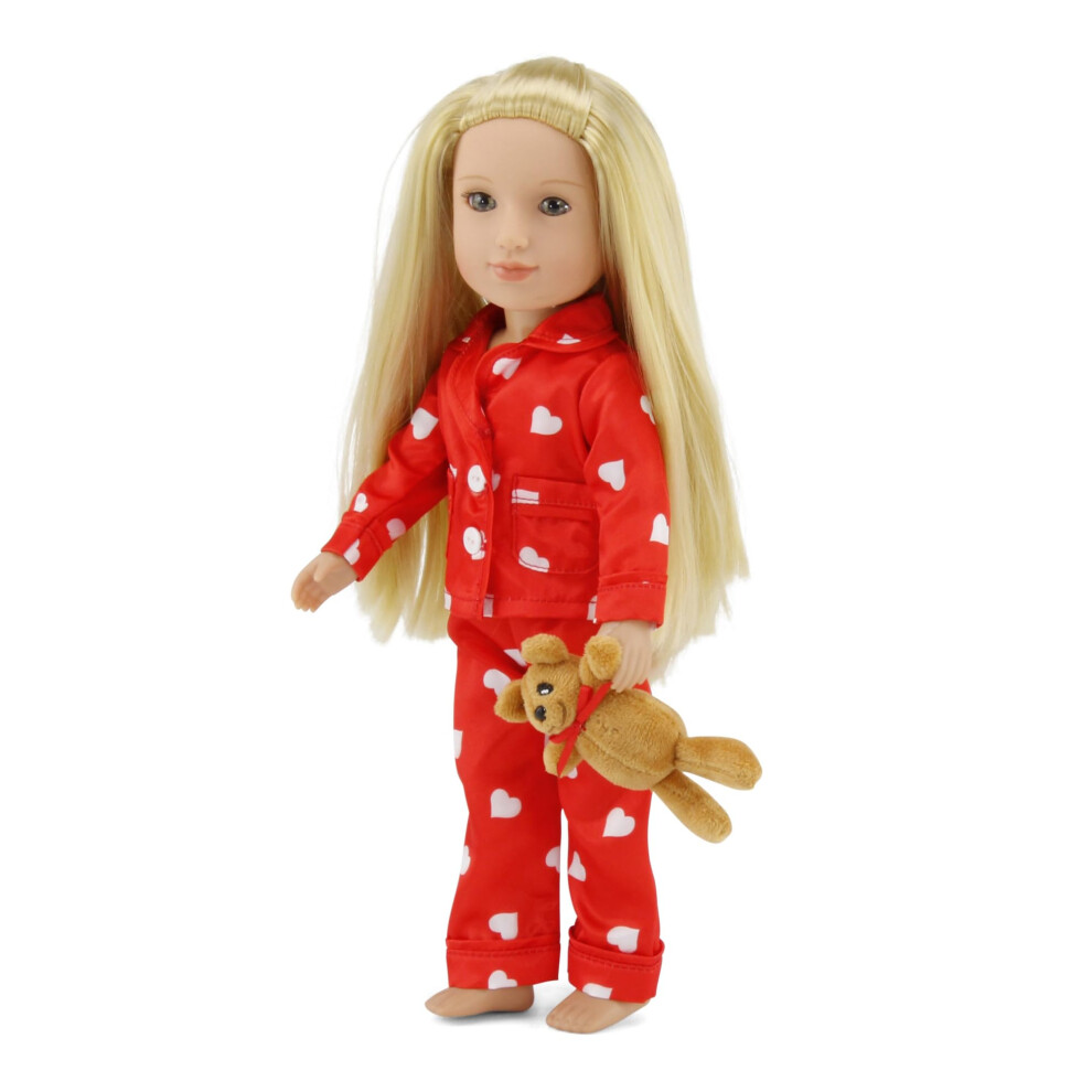 Vêtements pour poupée Emily Rose 35 cm, ensemble pyjama 3 pièces cœur rouge | Pyjama soyeux pour poupée 35 cm, coffret cadeau Saint-Valentin avec