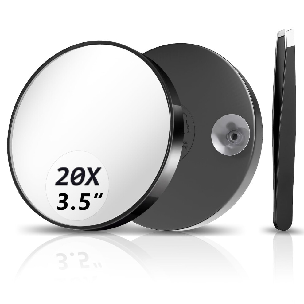 Fahzon 20X Magnifying Mirror Magnified Mirror 3.5"" With Two Suction Cups And Tweezers Travel Magnifying Mirror Set Comes With Portable Storage Bag