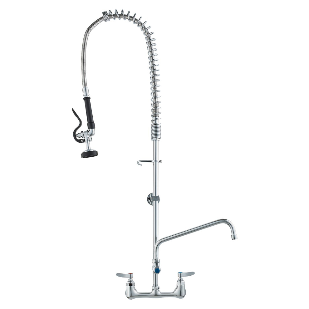 VEVOR Commercial Faucet with Pre-Rinse Sprayer  44"" Height  8"" Center  12"" Swing Spout  Wall Mount Kitchen Sink Faucet  Brass Constructed Device wi