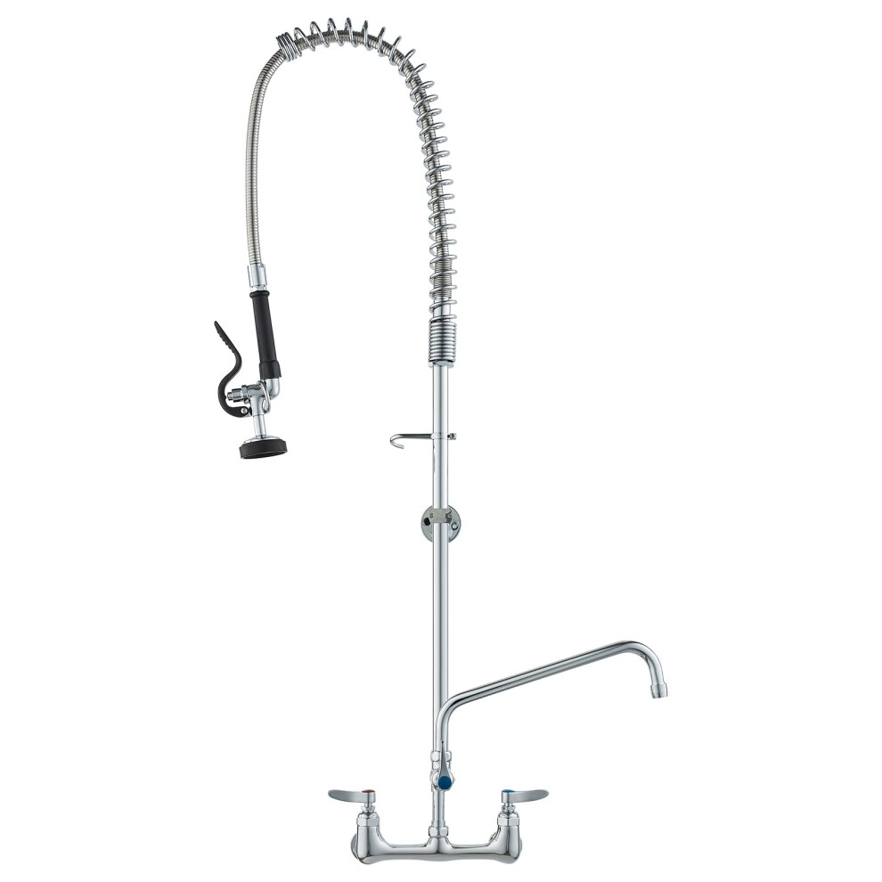 VEVOR Commercial Faucet with Pre-Rinse Sprayer  47"" Height  8"" Center  12"" Swing Spout  Wall Mount Kitchen Sink Faucet  Brass Constructed Device wi